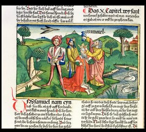 I Samuel 10 Sauls kröning och smörjelse, från Nürnbergbibeln (Biblia Sacra Germanica) (färgat träsnitt)