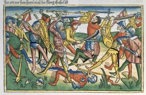 I Samuel 28 1-2 Filistéerna kriger mot Israel, från Nürnbergbibeln (Biblia Sacra Germanaica) (färgat träsnitt) av German School