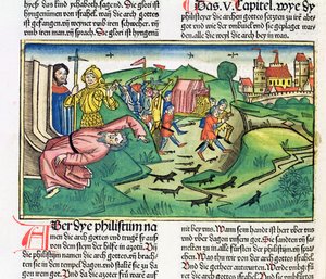 I Samuel 5:1-11 Filistéerna griper arken och drabbas av pesten, från Nürnbergbibeln (Biblia Sacra Germanaica) (färgat träsnitt)