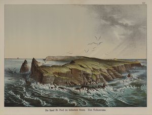 Ile Saint-Paul, vulkanisk ö i Indiska oceanen (färg litho) av German School