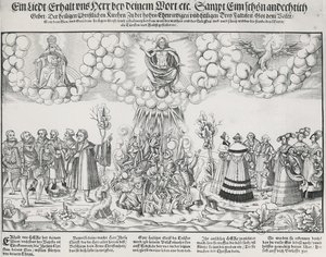 Illustration av Martin Luthers hymn som ber om Guds hjälp mot påvens dödliga verk av German School
