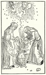 Illustration från en avhandling av Ulrich Molitor om spådomskvinnor och häxkonst (gravyr) av German School