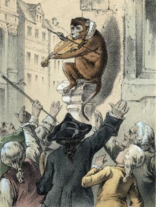 Illustration av Franz Hoffmanns berättelser "" Sagor och fabler - Apan och fiolen"": en apa som spelar fiol inför en folkmassa. Kromolitografi av 1800-talet. av German School