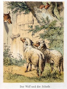 Illustration av Franz Hoffmanns berättelser "" Sagor och fabler - Vargen och fåren"": en varg som pratar med de två fåren. Kromolitografi av 1800-talet. av German School