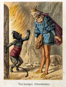 Illustration av Franz Hoffmanns berättelser "" Tales et Fables - Le glade lilla skräddaren"". Kromolitografi av 1800-talet. av German School