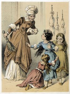 Illustration av Franz Hoffmanns berättelser "" Tales et Fables - Les 3 Gifts"": en kvinna misshandlade de 3 flickorna. Kromolitografi av 1800-talet. av German School