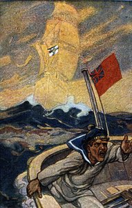 Illustration av tysk propaganda från tidningen Jugend under 1:a världskriget. En engelsk sjöman terroriseras av utseendet på ett spökskepp som seglar under rikets flagga. av German School