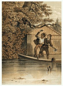 Illustration av erövringen av Amazonfloden av européer. i "De Bootslieden der Amazon-River", Karl Muller, Nederländerna av German School