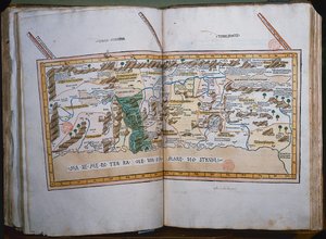 Inc. 425 Karta över det heliga landet, baserad på beskrivningar och koordinater givna i Cosmographica, av Ptolemaios (Claudius Ptolemaeus av Alexandria) (c.90-168 AD) publicerad i Ulm, Tyskland, av Johann Reger fo