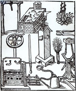 Avrättnings-, straff- och tortyrinstrument, illustration från Bamberger Halsgericht, 1507 av German School