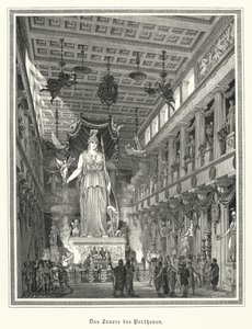 Interiör av Parthenon, Aten, med den kolossala statyn av den grekiska gudinnan Athena (gravyr) av German School