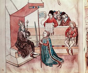 En riddares placering. Miniatyr från "Krönikor från Konciliet i Konstanz" av Ulrich Richental (1360-1437) 1438 ungefär Prag, nationalbibliotek av German School