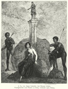 Io, bevakad av Argus Panoptes på order av gudinnan Hera, bevakad av Hermes, skickad av Zeus för att bortföra henne, romersk väggmålning (gravyr) av German School