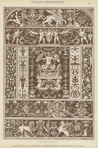 Italiensk renässans, sgraffitos, trä-mosaik, marmor-mosaik och Basso Relievos (färg litho) av German School