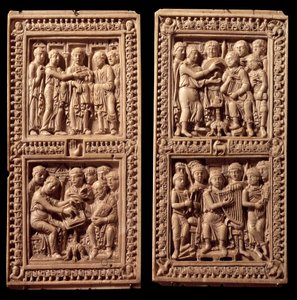 Elfenbensbindningar av Dagulf-psaltaren: David, Saint Hieronymus. Den beställdes av Karl den Store till skrivaren Dagul (eller Dagulfe) åt påven Adrien I. Slutet av 800-talet. Från Aix la Chapelle. Paris, Louvren av German School
