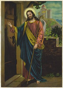 Jesus knackar på dörren till ett hus (färglitografi) av German School