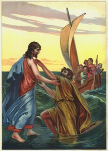 Jesus går på vattnet (färglitografi) av German School