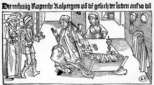 Judisk pengaägare med sin familj som tar emot kunder, 1491 (trägravyr) av German School