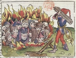 Judar brända på bål, från Nürnbergkrönikan av Hartmann Schedel (1440-1514), 1493 (träsnitt i färg) av German School