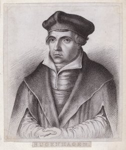 Johannes Bugenhagen (Doktor Pomeranus), tysk präst och teolog som introducerar den protestantiska reformationen till Pommern och Danmark (gravyr) av German School