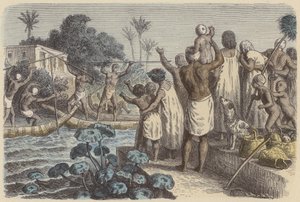 Spelning på båtar i det antika Egypten (färgad gravyr) av German School