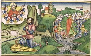 Domare 6 36 Gideon lägger ut fleece, från Nürnbergbibeln (Biblia Sacra Germanaica) (färgat träsnitt) av German School