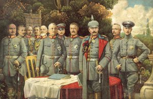 Kaiser Wilhelm II av Tyskland och hans generaler (färg litho) av German School