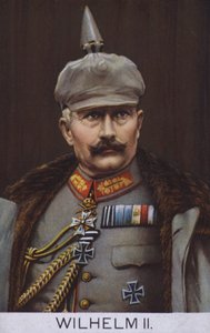 Kejsar Wilhelm II av Tyskland i militäruniform (färglitografi) av German School