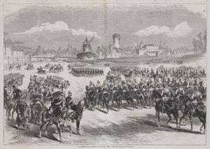 Kaiser Wilhelm I av Tyskland tittar på sin arméparad i Longchamp, Paris, Frankrike, mars 1871 (gravyr) av German School