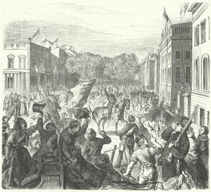 Kung Fredrik Vilhelm IV av Preussen rider förbi Berlins universitet på väg för att delta i en massbegravning av civila dödade i upplopp, 21 mars 1848 (gravyr) av German School