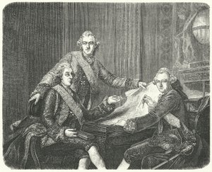 Kung Gustav III av Sverige i samråd med sina bröder Karl och Fredrik Adolf (gravyr) av German School