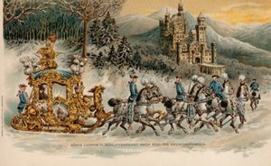 Kung Ludwig II av Bayern på väg till slottet Neuschwanstein i en gyllene släde (kromolitho) av German School