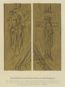Kung Otto III och hans mor Theophania, kejsarinna gemål av Otto II, helig romersk kejsare (färg litho) av German School
