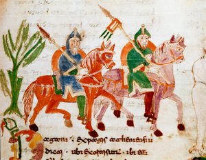 Riddare med hästar Miniatyr från manuskriptet "" De Universo" eller "" De rerum naturis"" (Om sakernas natur) av Rabanus Maurus Magnentius (eller Raban Maur eller Rabano Mauro, ca 780-856). 800-talet. Arkiv för Monte Cassino Abbey (Mount Cassin) av German School