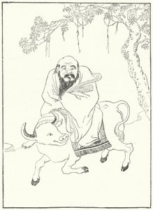 Laozi, forntida kinesisk filosof, på en vattenbuffel (gravyr) av German School