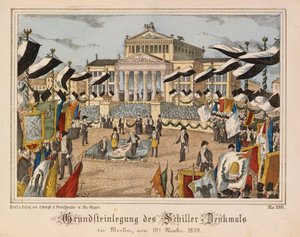 Nedläggning av grundstenen till Schillermonumentet vid Gendarmenmarkt, Berlin, 10 november 1859, med Schauspielhaus i bakgrunden, från Neuruppiner Bilderbogen, utgiven av Oehmigle & Ri av German School