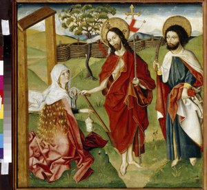 Kristus, Maria Magdalena och Saint Barthelemy (eller Nathanael, apostel) (Kristus, Maria Magdalena och Saint Bartholomew). Kan vara en representation av ""Noli me tangere"": visionen av den uppståndne Kristus vid Sankta Maria Magdalena. Jesus Kristus hålle av German School