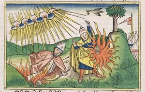 Tredje Mosebok 10 1-2 Nadab och Abihu offrar ohelig eld och dör, från Nürnbergbibeln (Biblia Sacra Germanaica) (färgat träsnitt) av German School