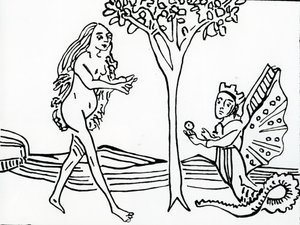 Lilith, bevingad och krönt, med ormsvans, erbjuder äpplet till Eva, från 
