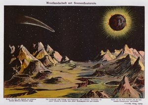 Månlandskap, solförmörkelse och kometen 1911 (färglitografi) av German School