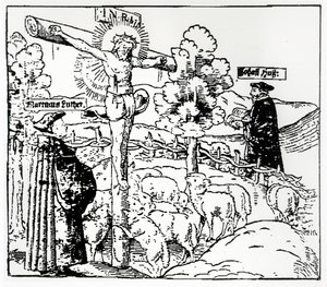Luther (1483-1546) och Hus (1369-1415) med Kristus i fårhuset, ca 1520-21