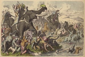 Makedonier använder krigselefanter i en strid med dacierna och sarmaterna (färgad gravyr) av German School