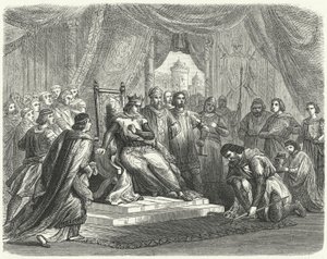 Malcolm IV av Skottland hyllar Henry II av England i Chester av German School