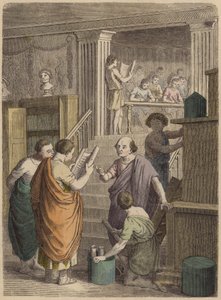 Tillverkning och handel med böcker i antikens Rom (färgad gravyr) av German School