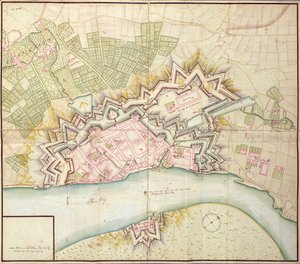 Karta över Düsseldorf, 1736 av German School