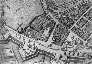Karta över Hamburg som visar dess första operahus, 1690