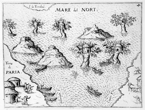 Karta över Guyanas kust, illustration från Regni Guianae av G. Raleigh