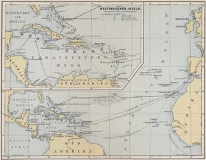 Karta som visar Christopher Columbus resor, 1492-1504 av German School