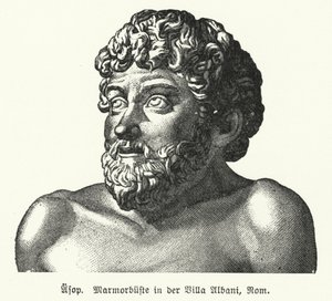 Marmorbyst av Aesop (c620-564 f.Kr.), antik grekisk fabulist (litho) av German School