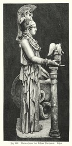 Marmorstaty av den antika grekiska gudinnan Athena, från Parthenon, Aten (gravyr) av German School